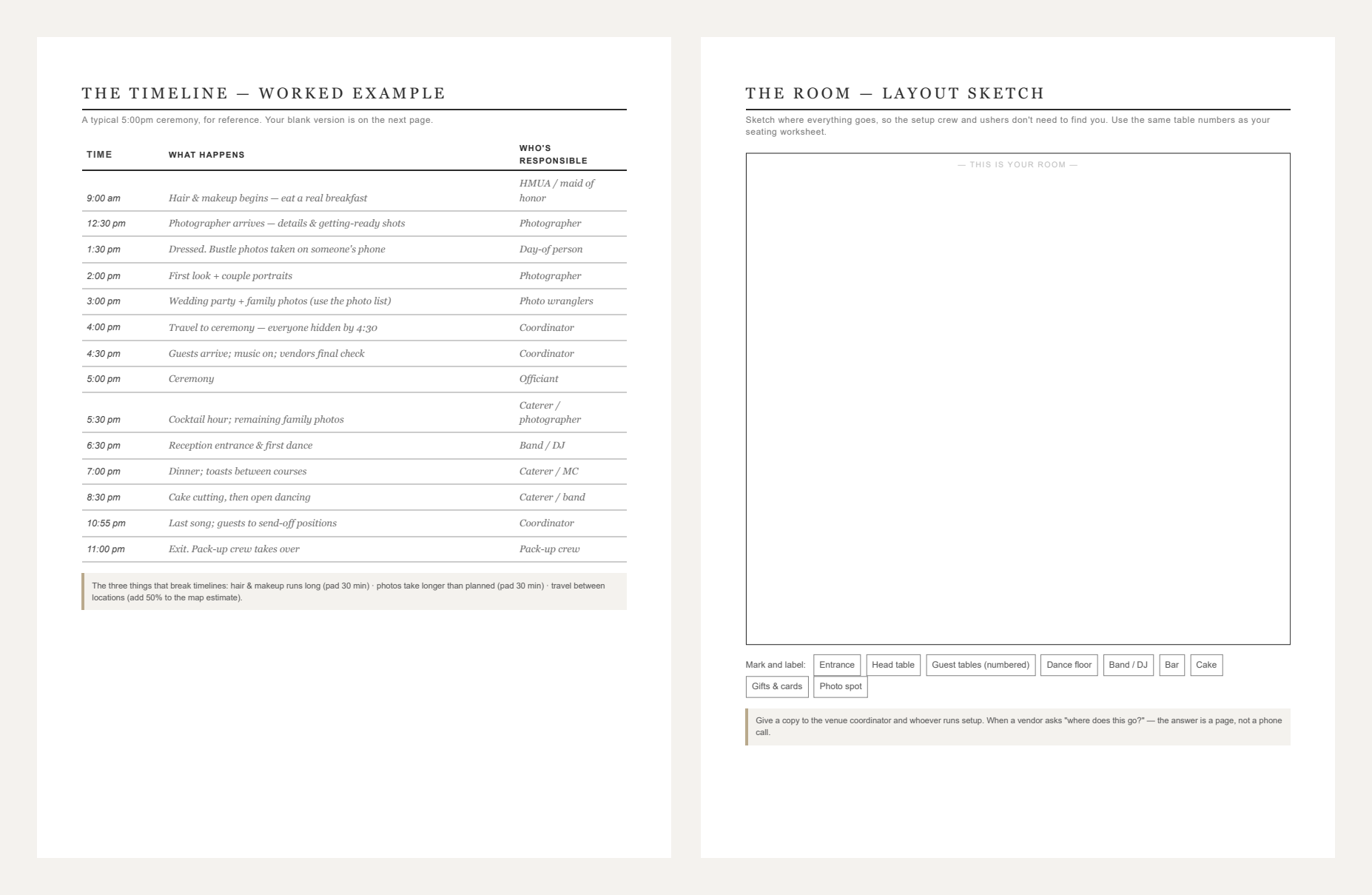 Two pages from the printable Day-of Binder: the worked-example timeline and the room layout sketch page